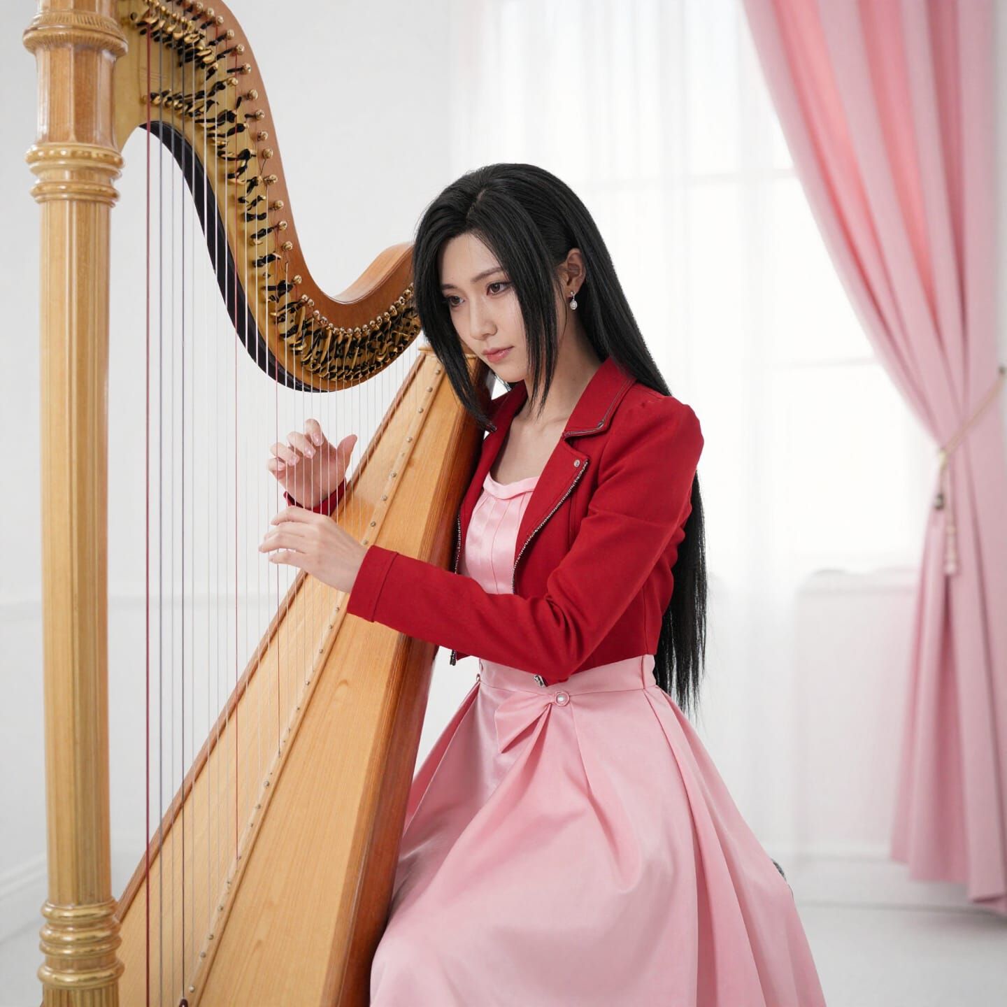 Aerith Gainsborough Plays Harp in Sunlit Room