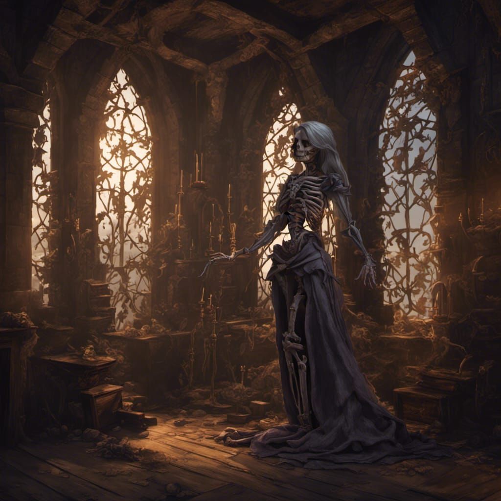 Rapunzel Skeleton in Tower: Dark Fantasy Art