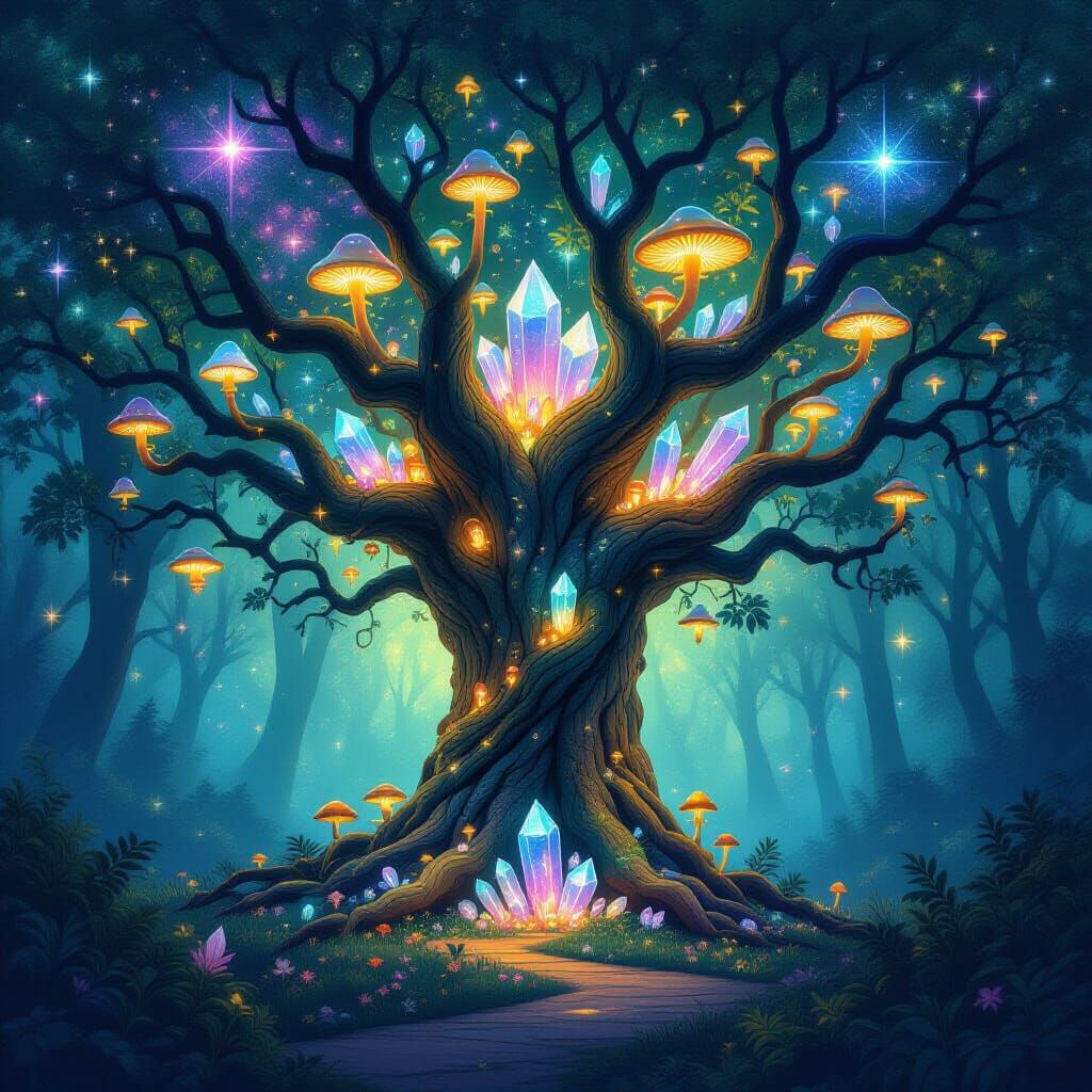 Mystical Cosmic Tree with Glowing Mushrooms and Crystals