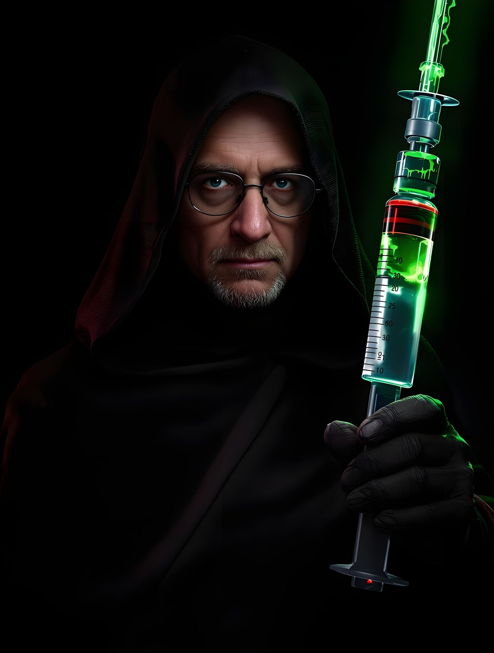 Sith Master in Dark Robe Wears Reading Glasses and Holds Med...