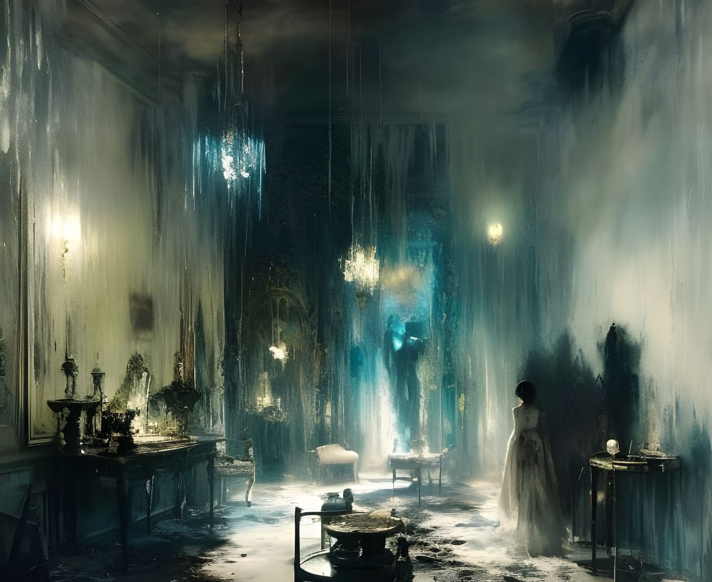 Haunted Hotel Interior with Ghostly Apparitions