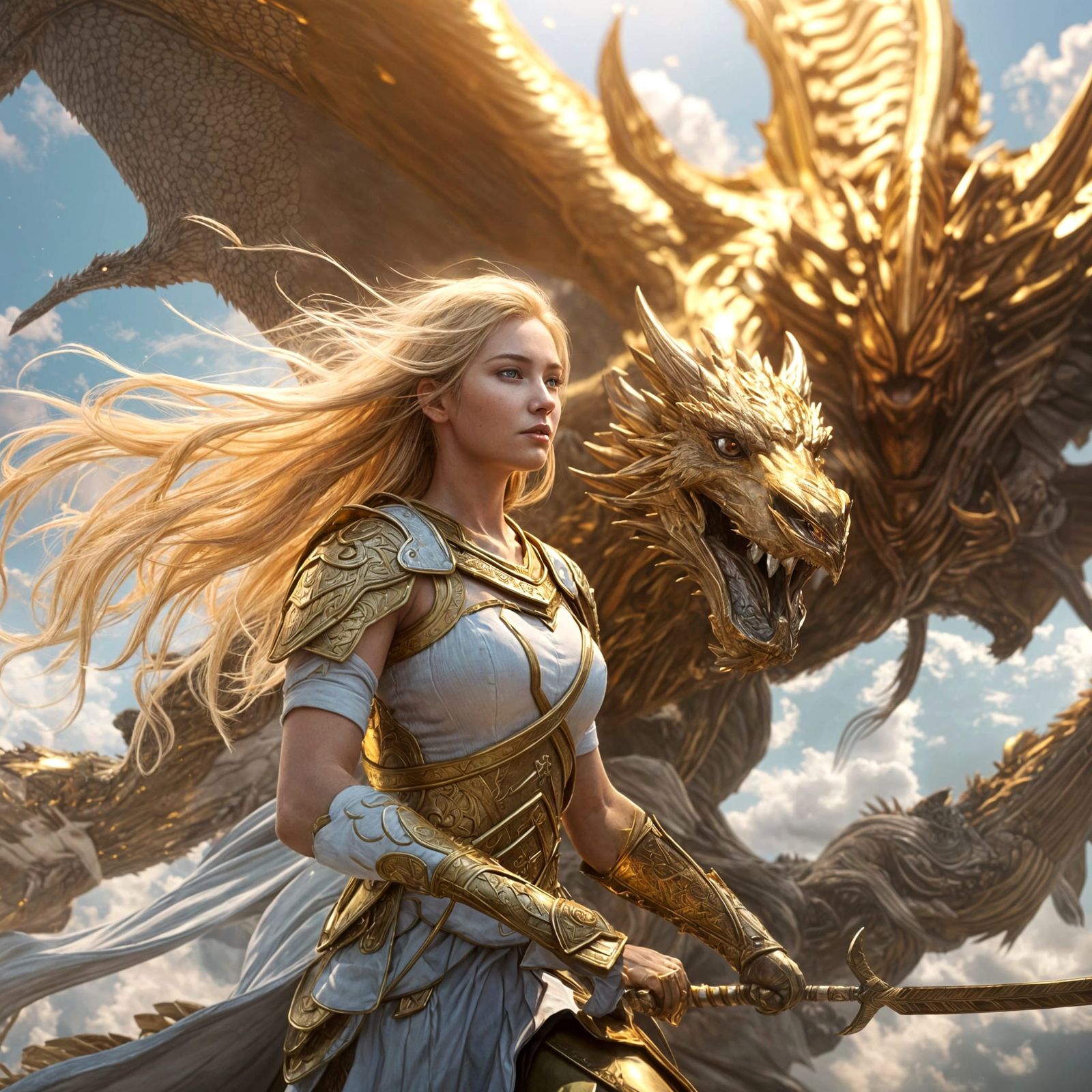 Golden Haired Warrior and Dragon in Anime Style