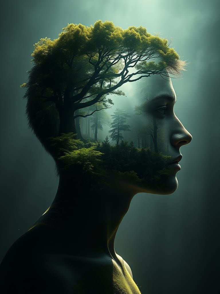 Verdant Landscape Blooms Within Mysterious Figure