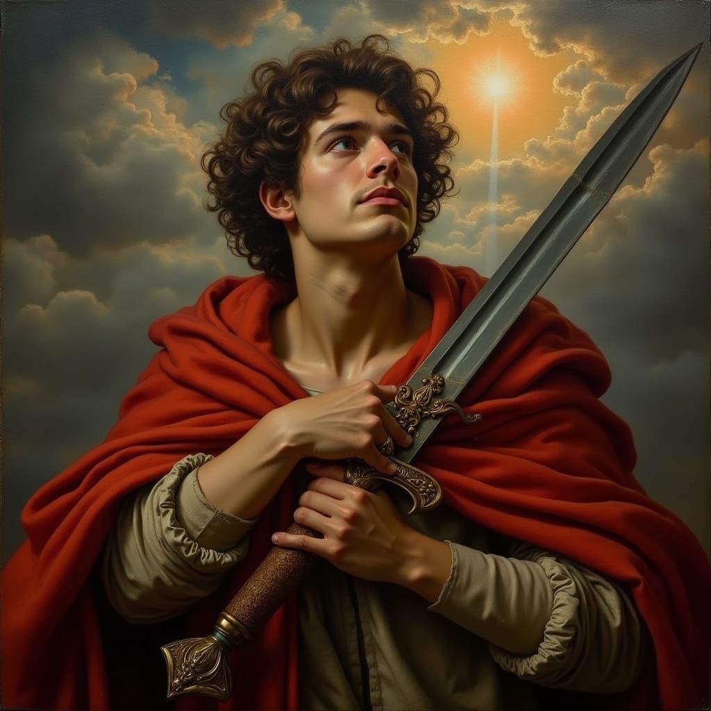 Archangel Michael in Classical Realist Painting, Standing on...