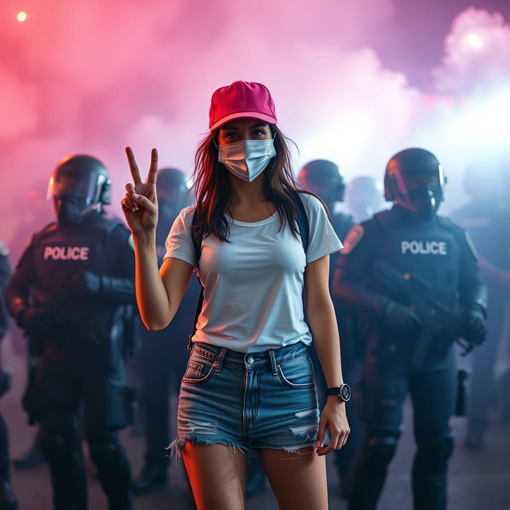 Sexy Female Protester Defies Police in Smoky Riot Scene