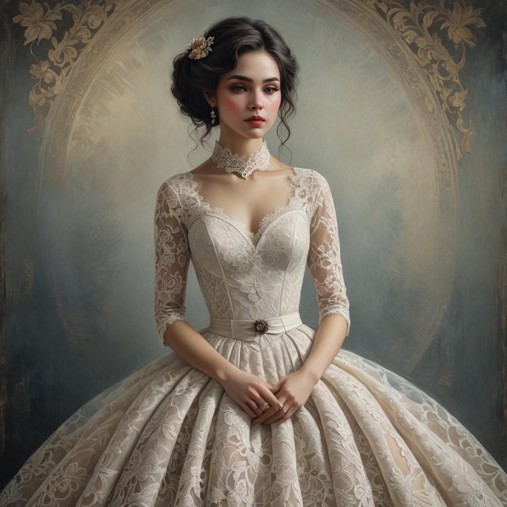 Woman in Lace Dress: Oil on Canvas Painting