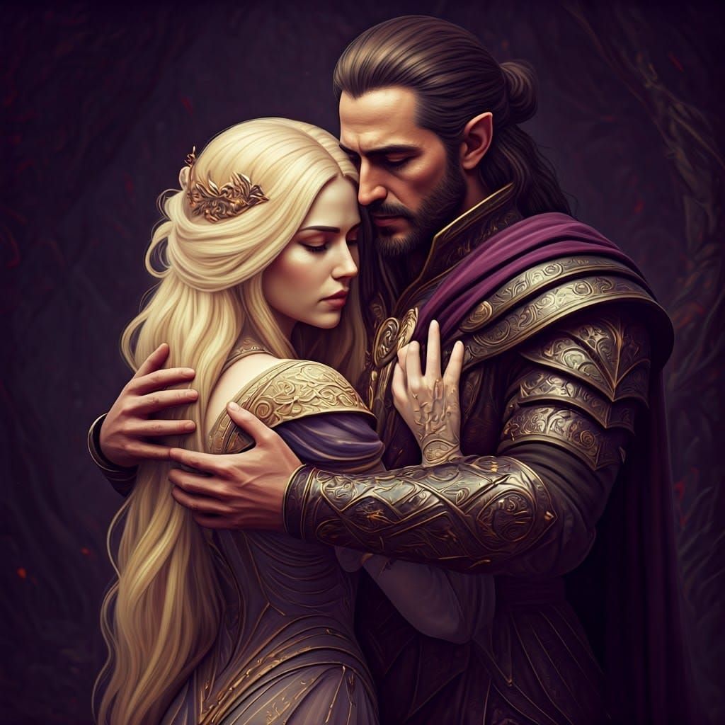 Embrace in Darkness: A Dark Fantasy Art Nouveau Scene