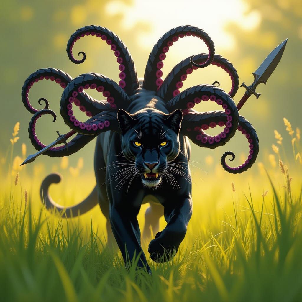 Six-Tentacled Black Panther Wielding Weapons in Meadow