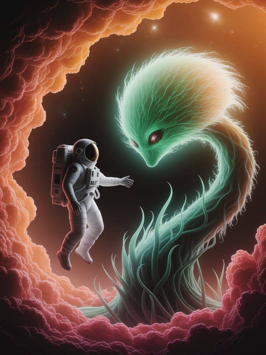 Astronaut Reaches for Alien Plant in Cosmic Nebula