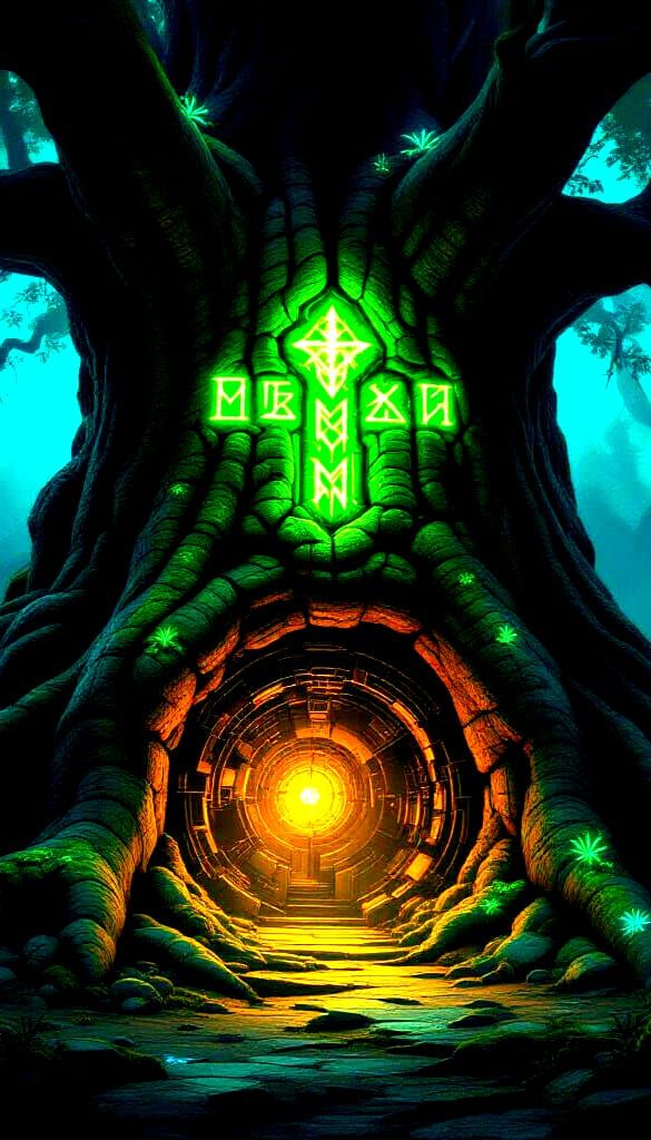 Ancient Tree Secret Base with Glowing Runes