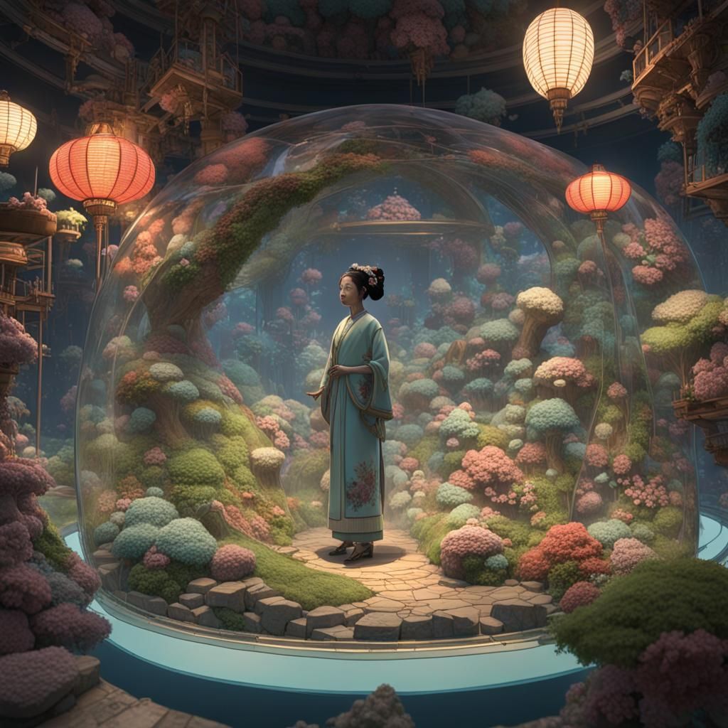 Beautiful Japanese Woman in Cubic Terrarium