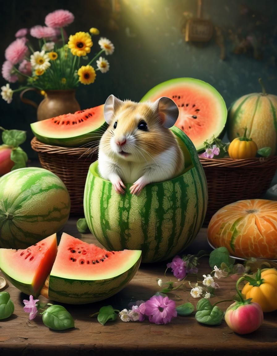 Hamsters Celebrate the First Melon: Fantasy Art Illustration