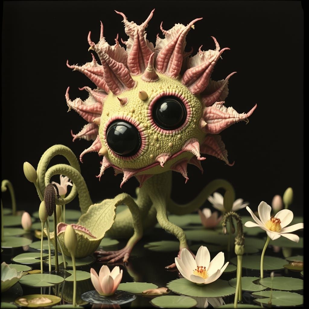 Botanical Creature with Newt Friend, in Vintage Style