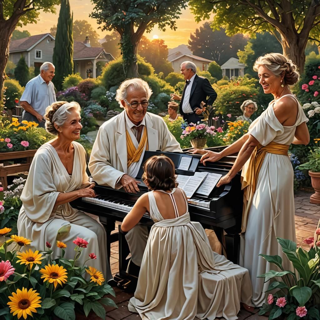 Hyperrealistic Sunrise Garden with Piano Woman