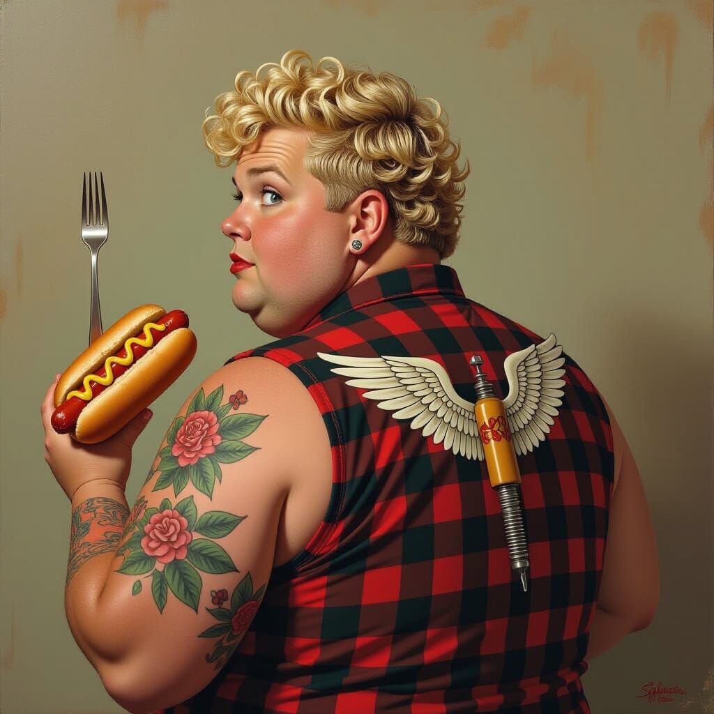 Surreal Tattoo Scene with Hotdog, Fork and Screw