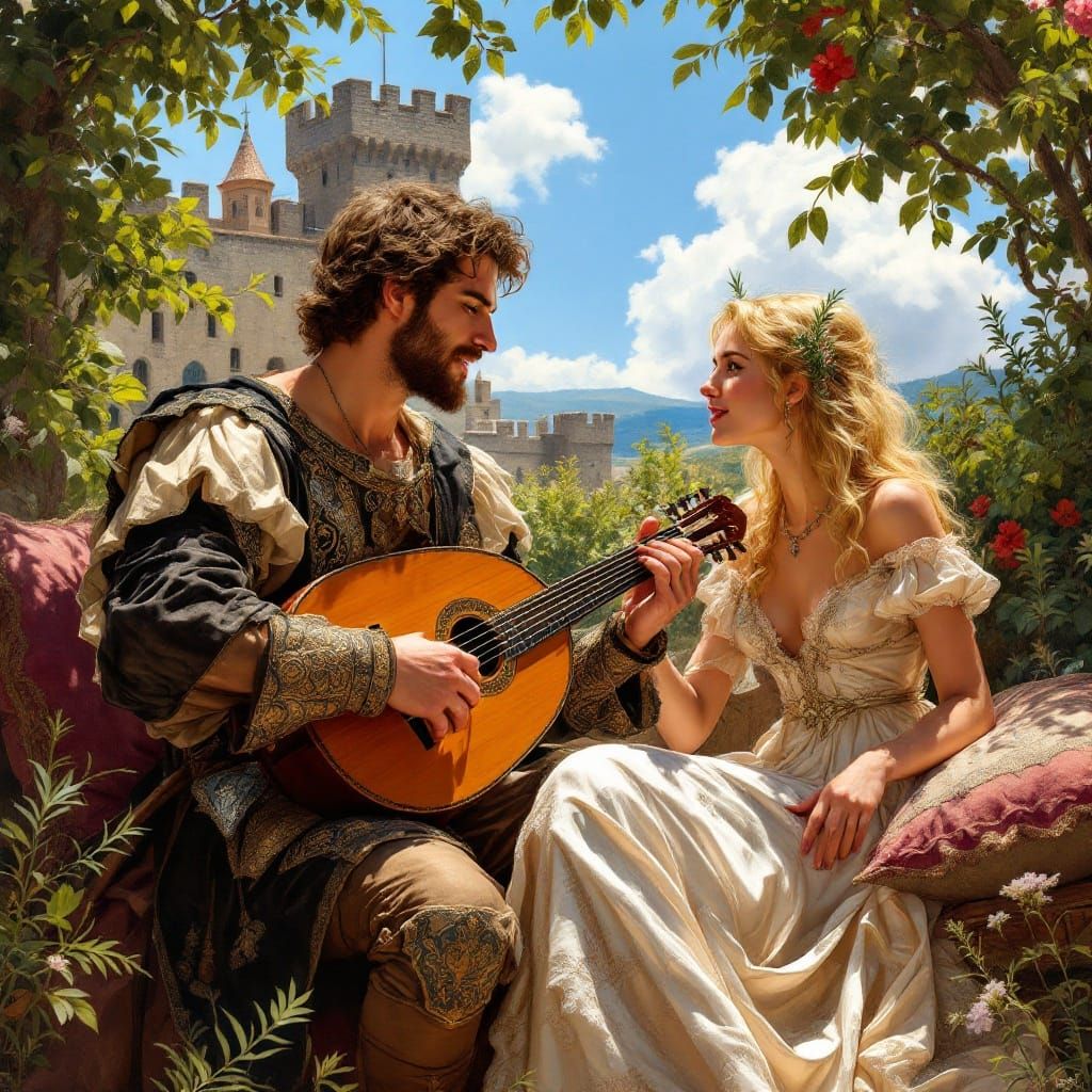 Singing Troubadour Serenades his Enchanting Lady in a Castle...