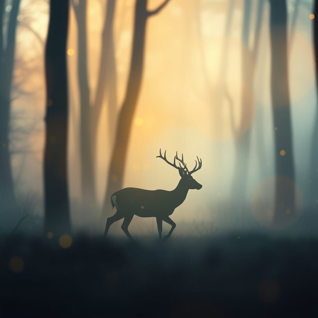 Deer Silhouette in Glowing Forest Mist