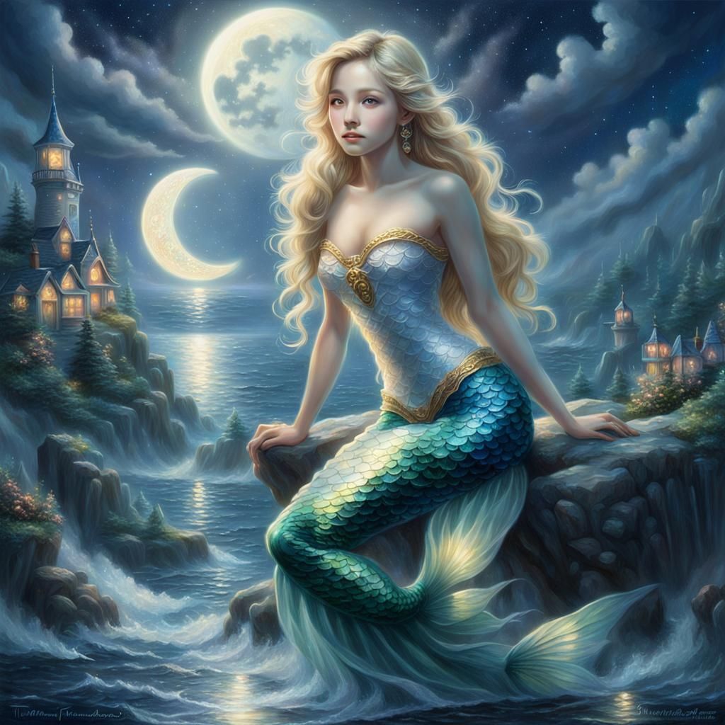 Ethereal Mermaid in Moonlight, Hyperdetailed Fantasy Art