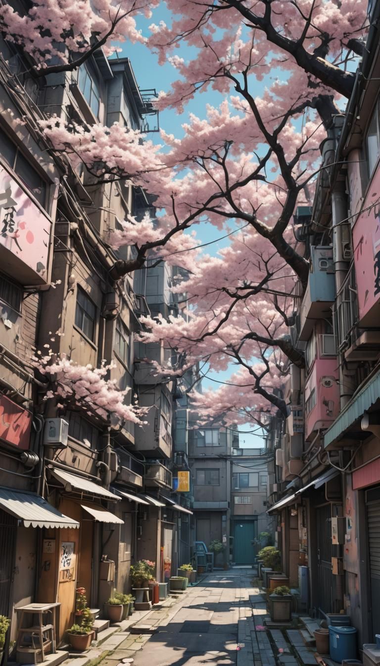 Tokyo Street Courtyard: Cherry Blossom in Cyberpunk Anime Ar...