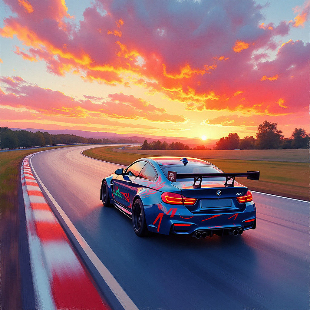 BMW M4 GT3 Races into Sunset: Gouache Watercolor