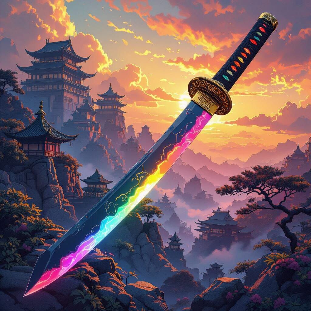 Rainbow Glowing Katana with Gold Handle
