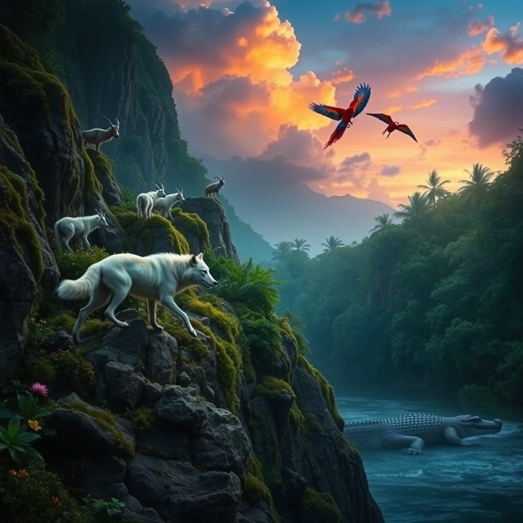 Dynamic Wildlife Chase Under Twilight Sky