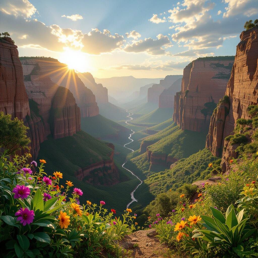 Lush Canyon with Blooming Plants and Flowers