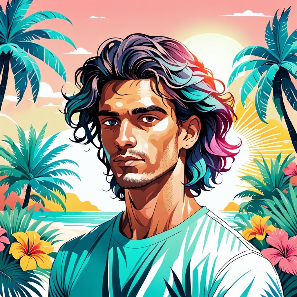 Tropical Island Portrait in Bold Vector Style