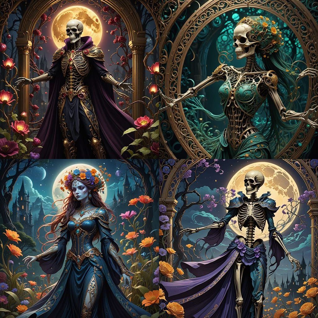 Ethereal Art Nouveau Skeletons Dance in a Kaleidoscope of Co...