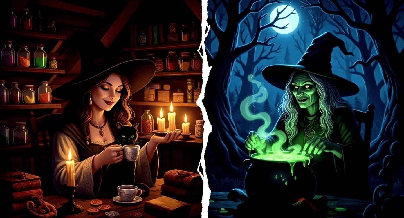 Witch and Kitten in Cozy Cabin Contrasted with Dark Forest