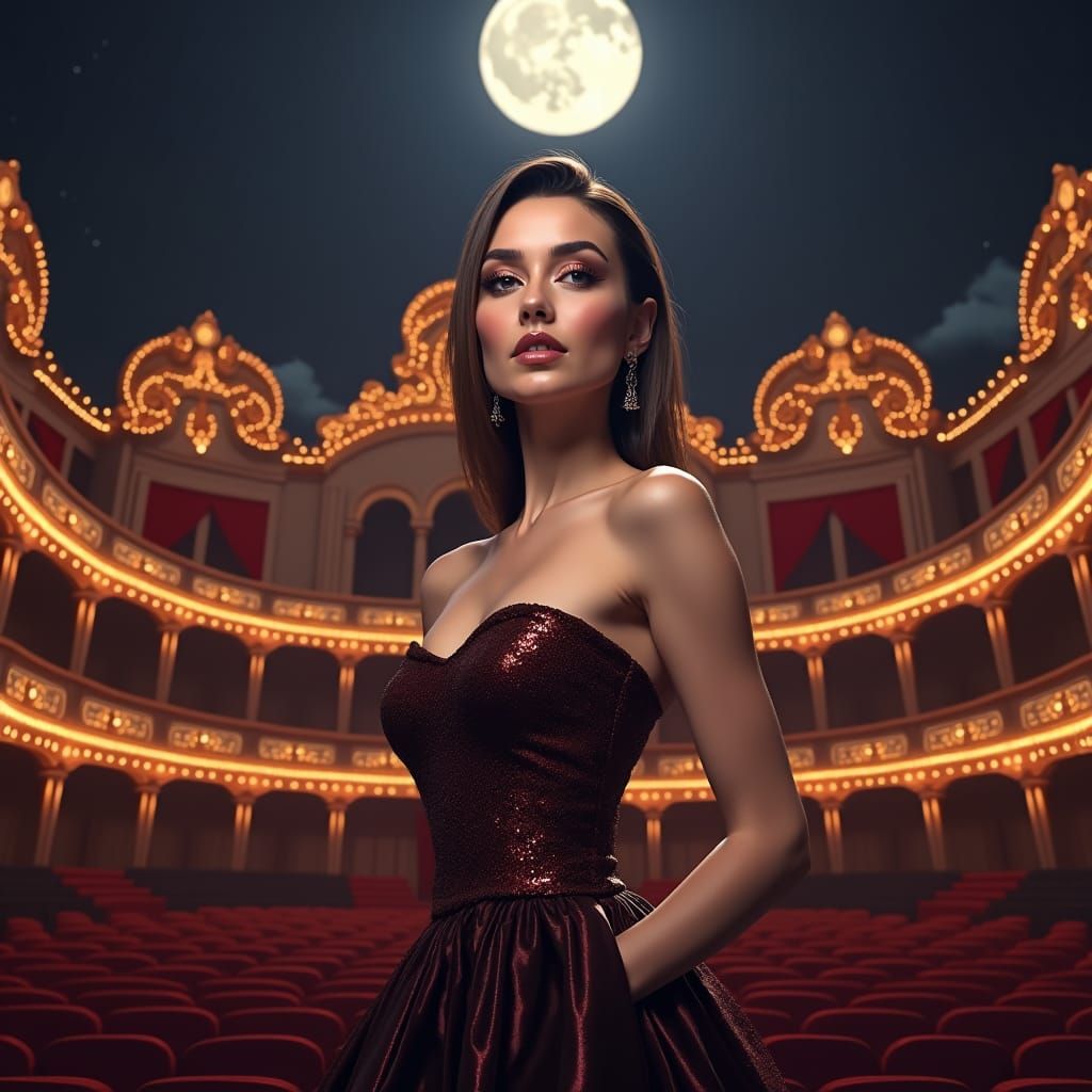 Elegant Woman in Gown Outside London Theater