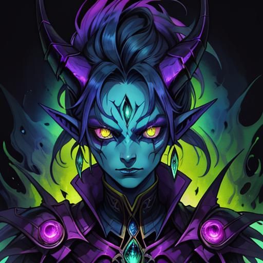 Colorful Alien Creature Portrait with Feathers and Horns