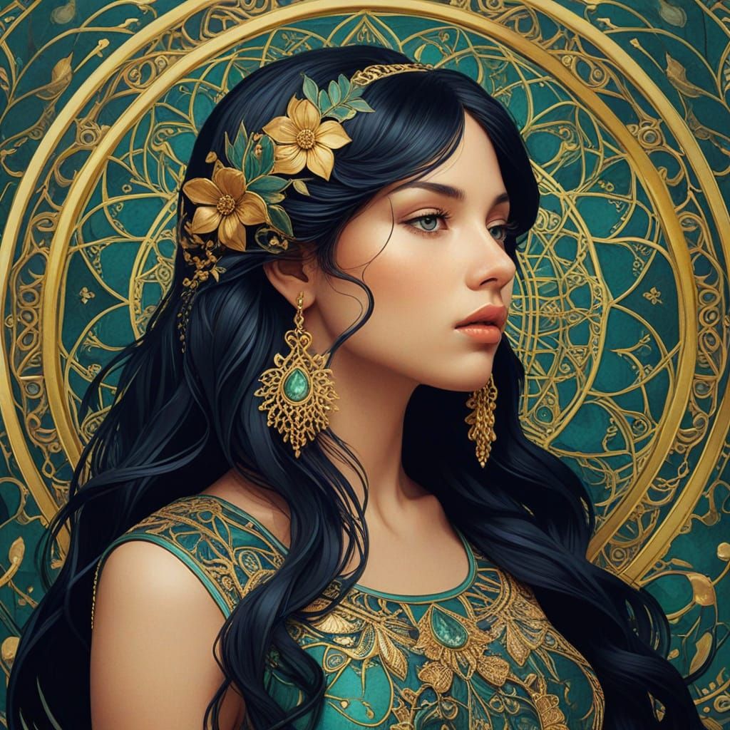Art Nouveau Portrait of Serene Woman in Mucha Style