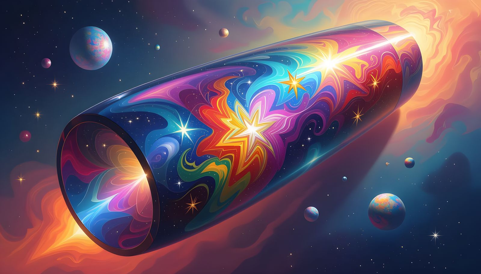 Surreal Reflective Cylinder in Iridescent Starry Cosmos