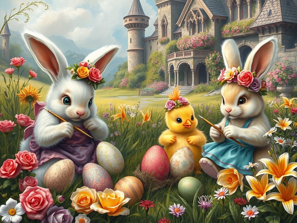 Easter Bunnies Painting Eggs in a Floral Meadow