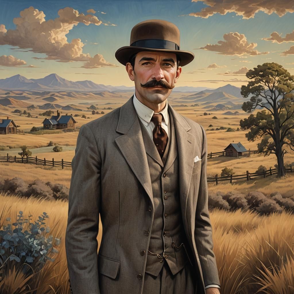 1893 American Man in Prairie Landscape, Digital Painting