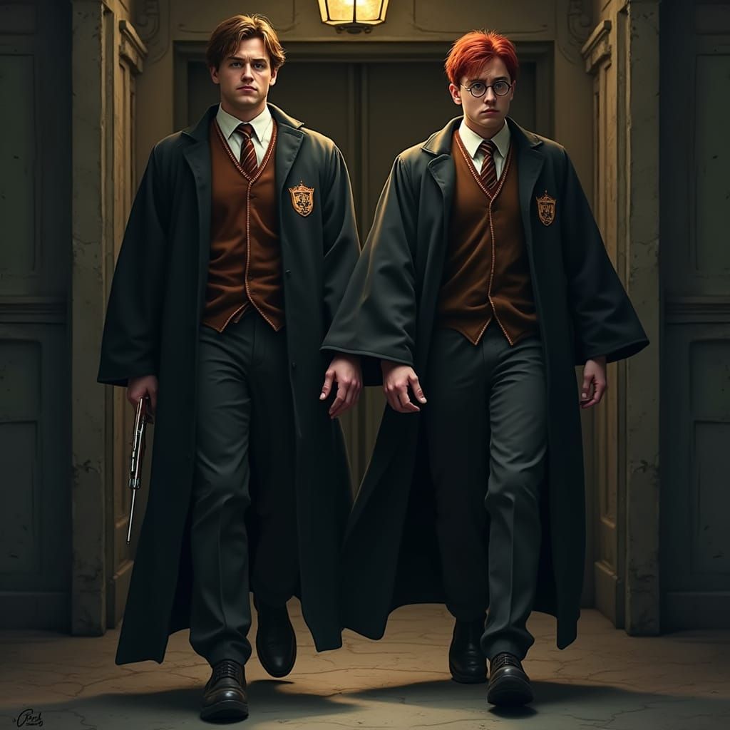 Aurors Potter and Weasley Enter a Dimly Lit Office