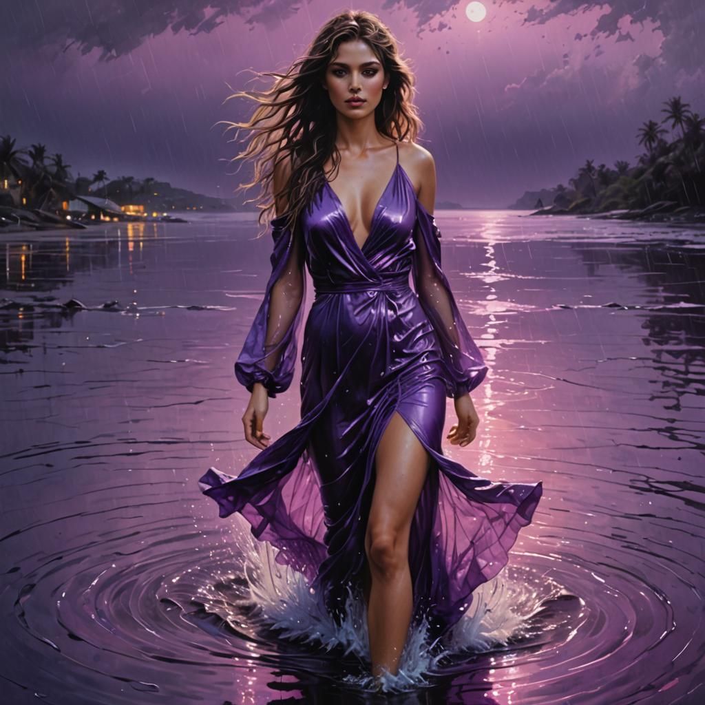 Woman in Purple Dress Walks in Rain, Synthwave Art