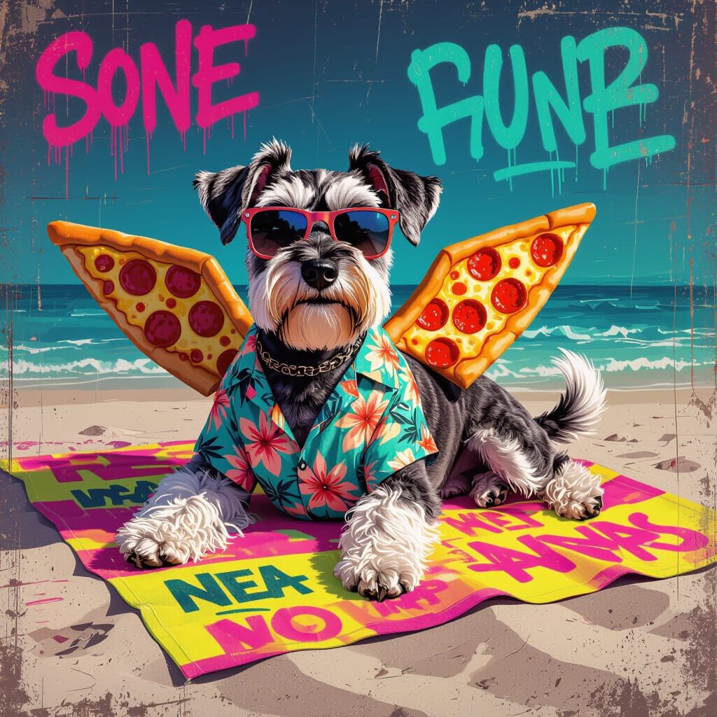 Schnauzer with Pizza Wings on Neon Beach Towel