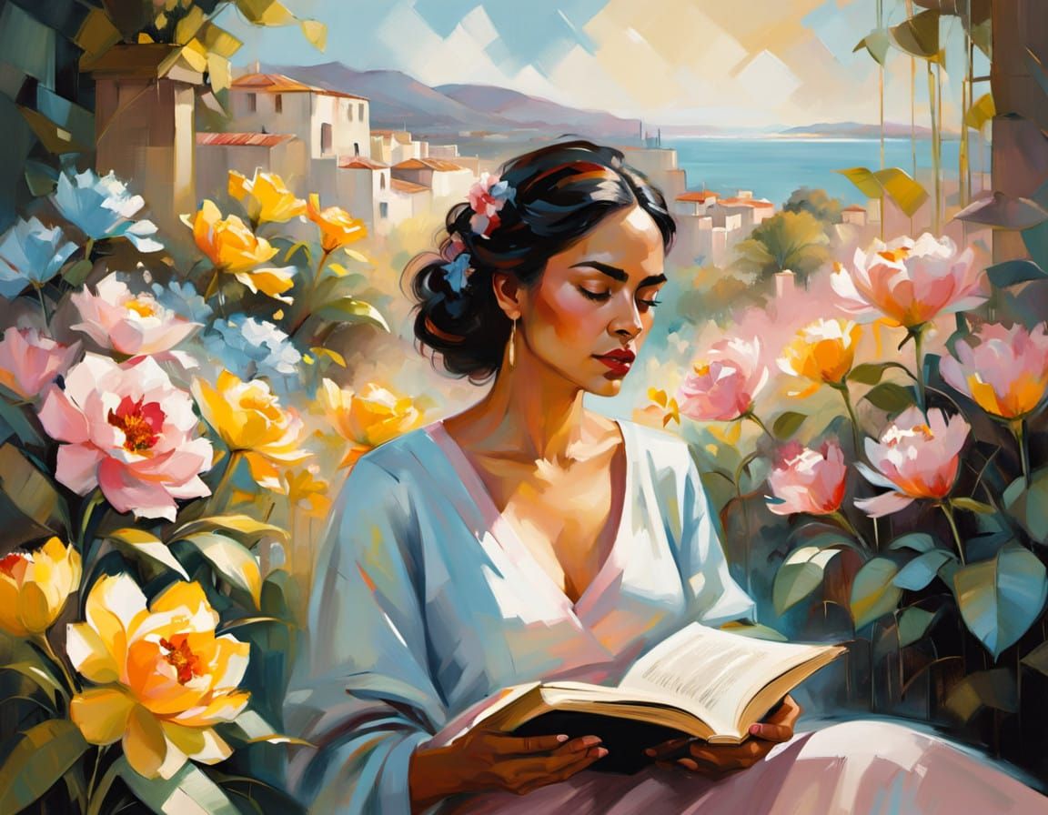 Serene Latina Woman Reads in Vibrant Flower Garden