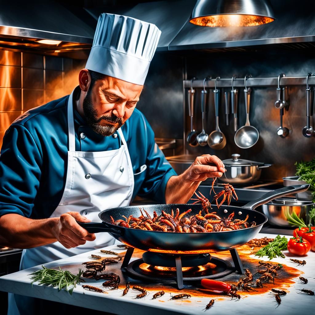 Chef Roasting Insects in Modern Kitchen, Digital Art