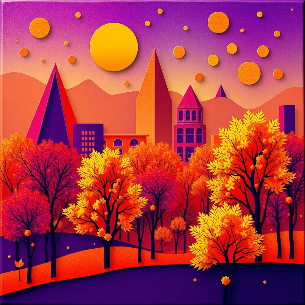 Abstract Autumn Scape with Fractal Buildings and Circles