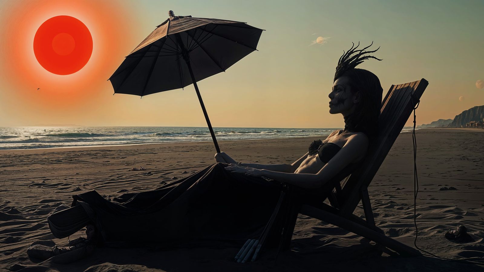 Gothic Queen of the Dead Sunbathing on Dark Beach