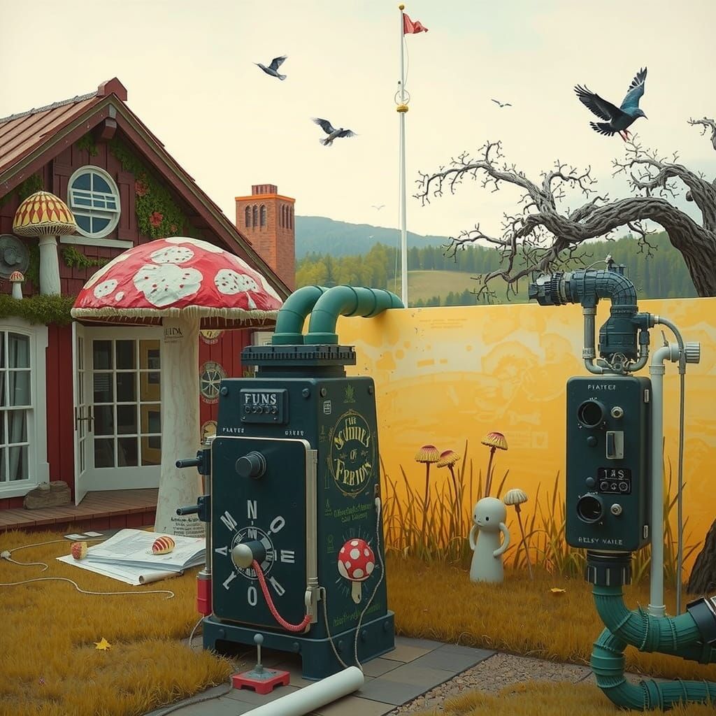 Surreal Mushroom Landscape in Whimsical Pop Art Style