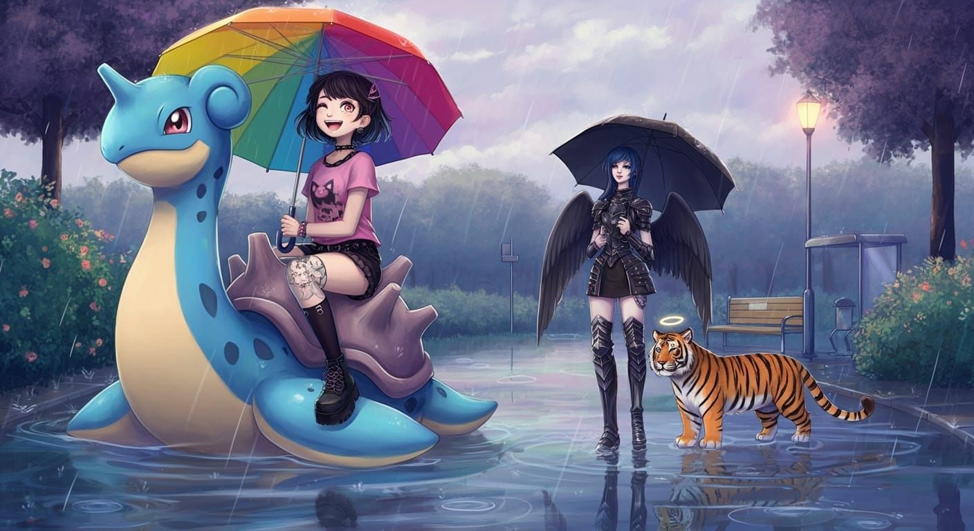 Kristina riding Lapras as Dark Angel Nyx walks with a tiger ...