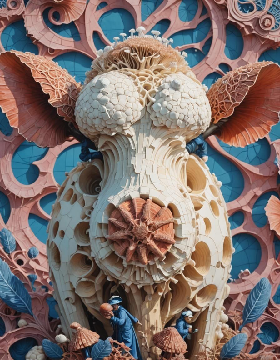 Surreal Mushroom Harvesters in Linocut Style