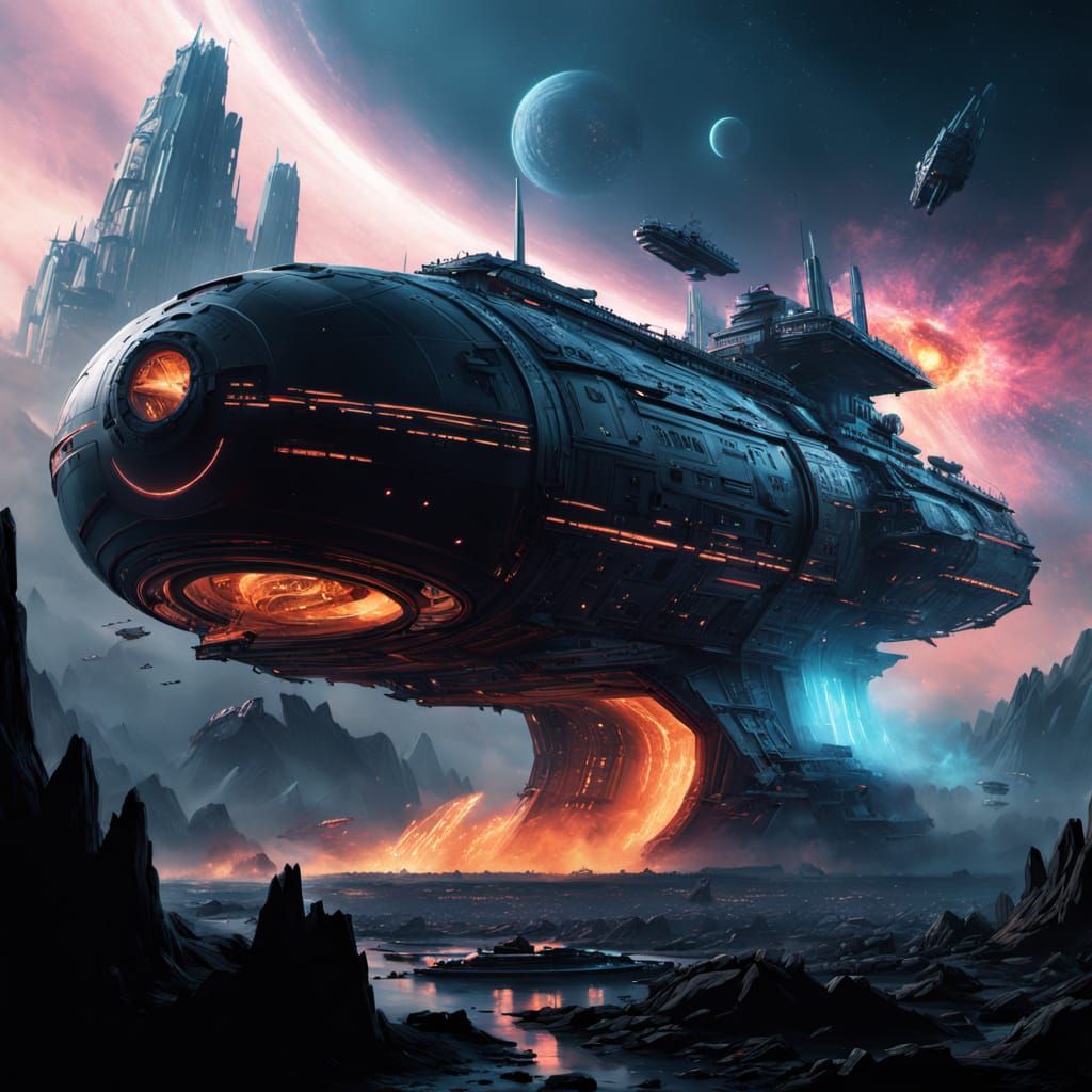 Colossal Torus Spaceship Slices Through Nebula in Sci-Fi Art