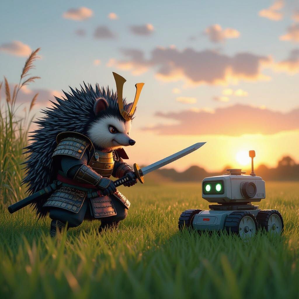 Samurai Hedgehog Battles Lawn Robot in Cinematic Style