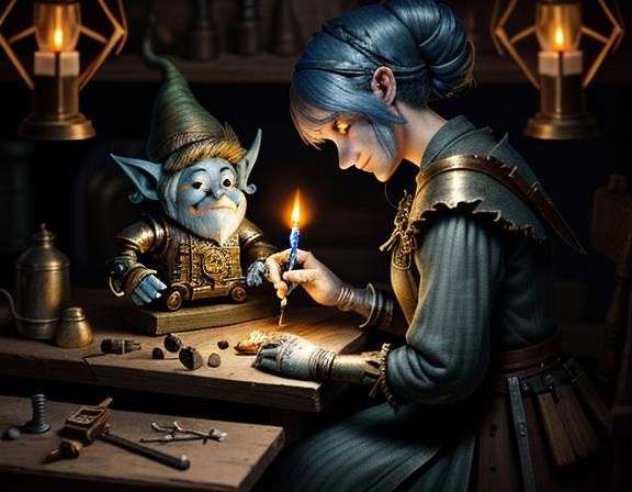 Gnome Repairs Automaton: Dark Fantasy Illustration