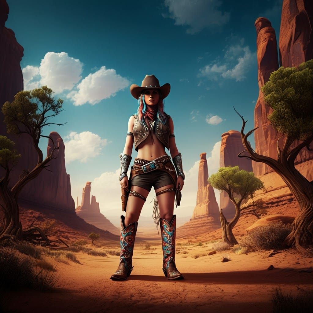 Cowgirl in Ornate Boots: Mystical Desert Art